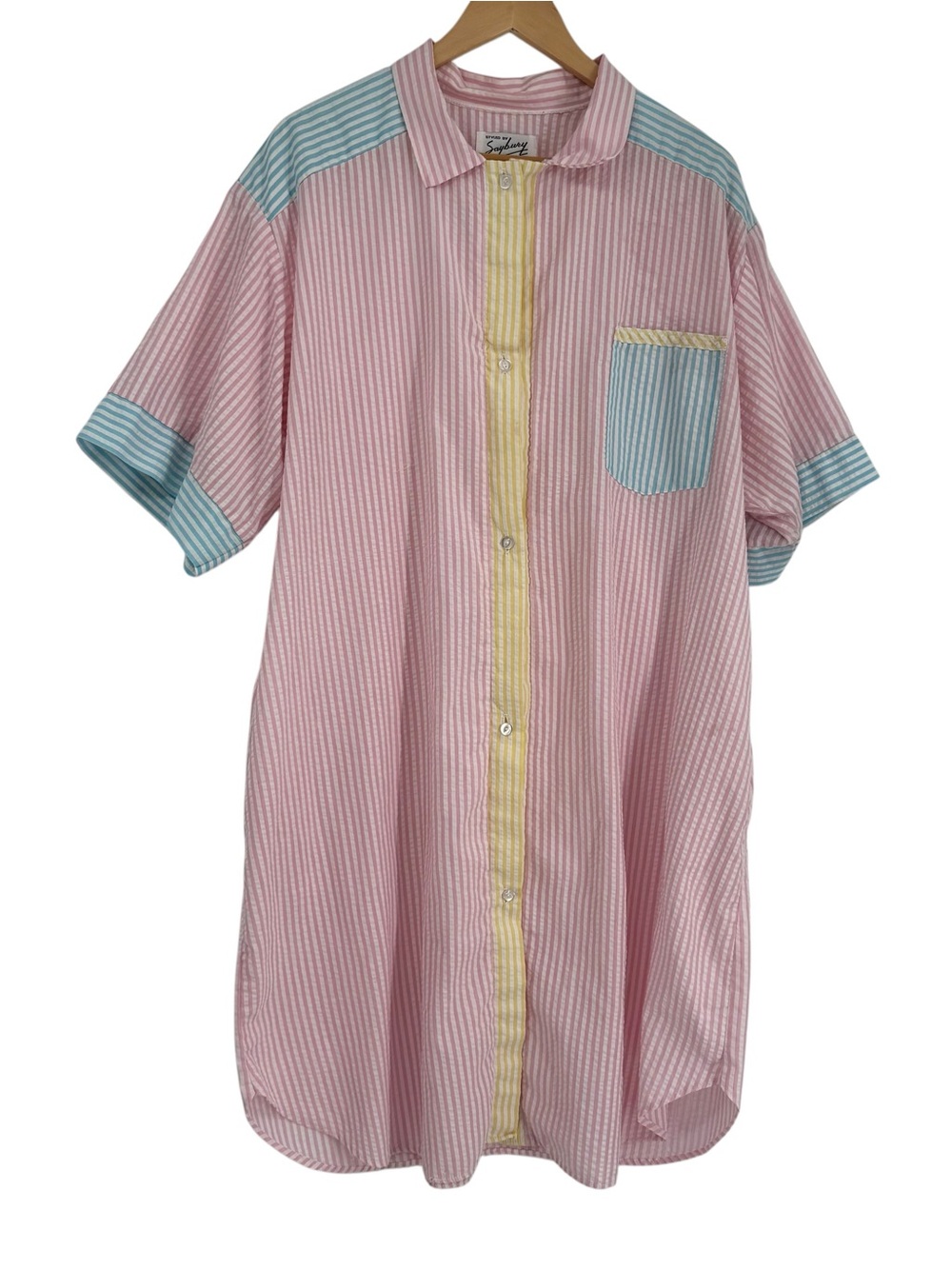 Vintage Saybury Nightgown 1X Stripe Short Sleeve Button Seersucker House Coat